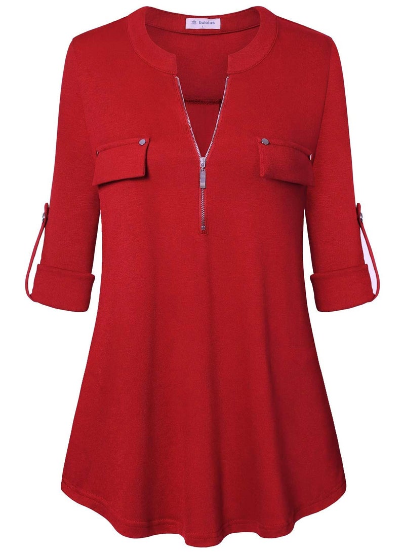Bulotus Women's 3/4 Length Sleeve Womens Tops Red V Neck Fall Shirt Fashion 2025 Business Casual Clothes Loose Fit Tunic Top with Zipper, Red, Large - Image 1